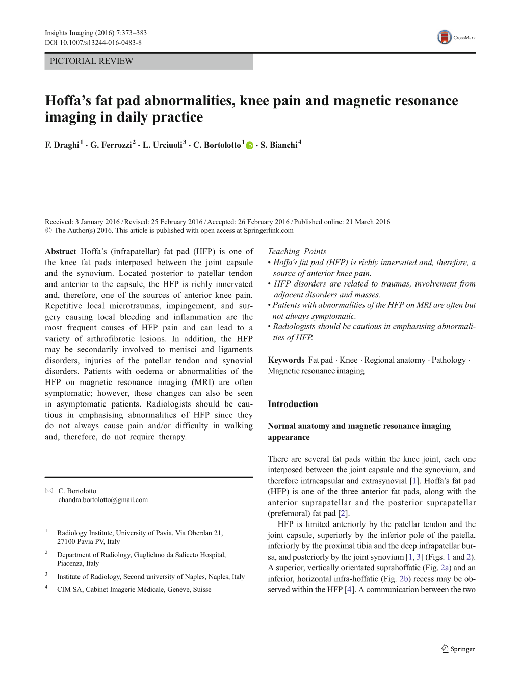 Hoffa's Fat Pad Abnormalities, Knee Pain and Magnetic Resonance