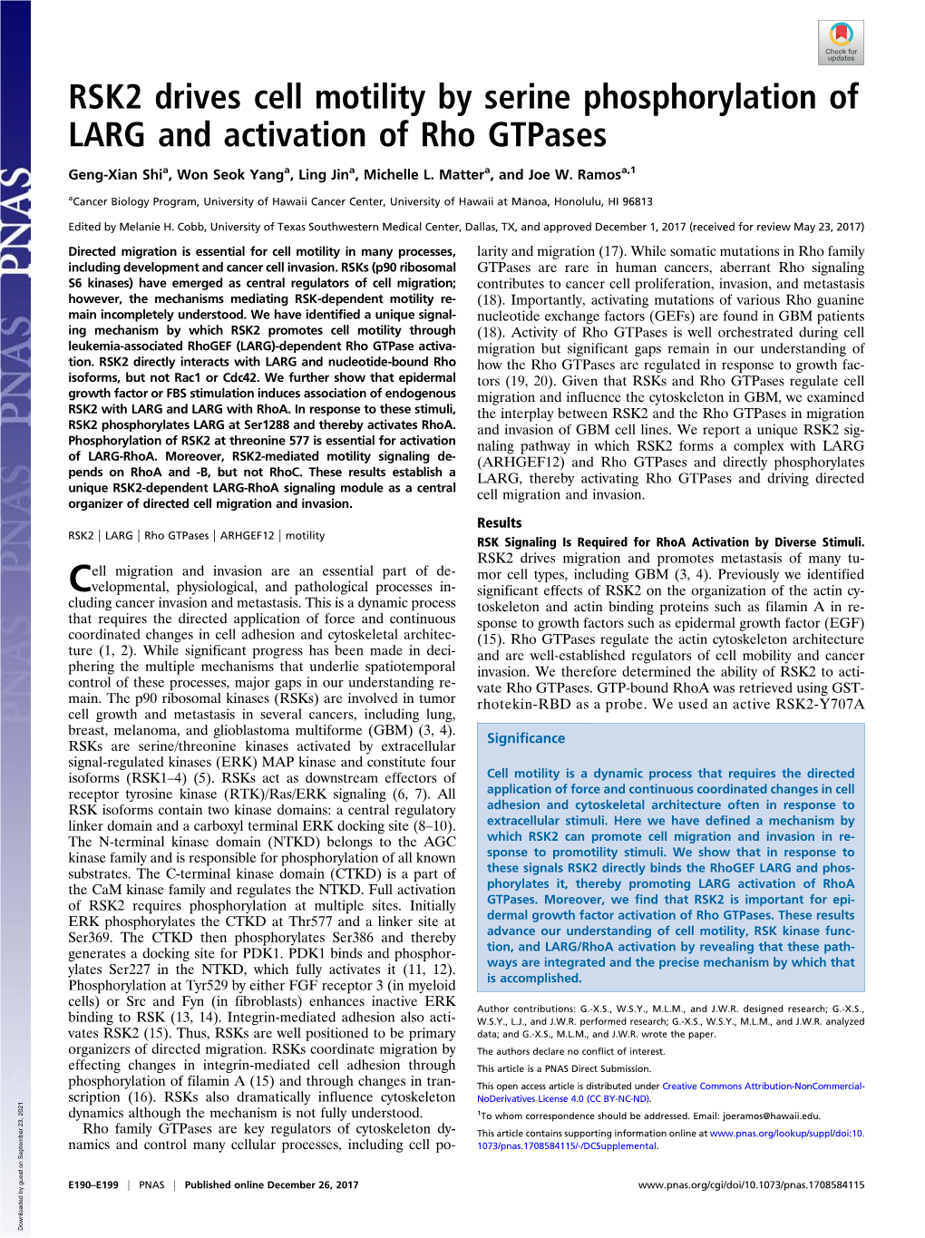 RSK2 Drives Cell Motility by Serine Phosphorylation of LARG and Activation of Rho Gtpases