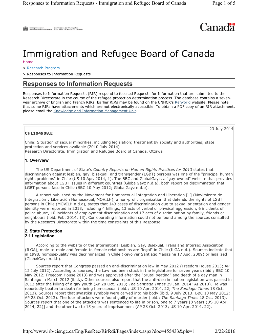 Immigration and Refugee Board of Canada Page 1 of 5