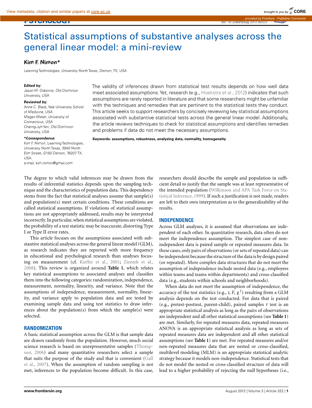 Statistical Assumptions of Substantive Analyses Across the General Linear Model: a Mini-Review