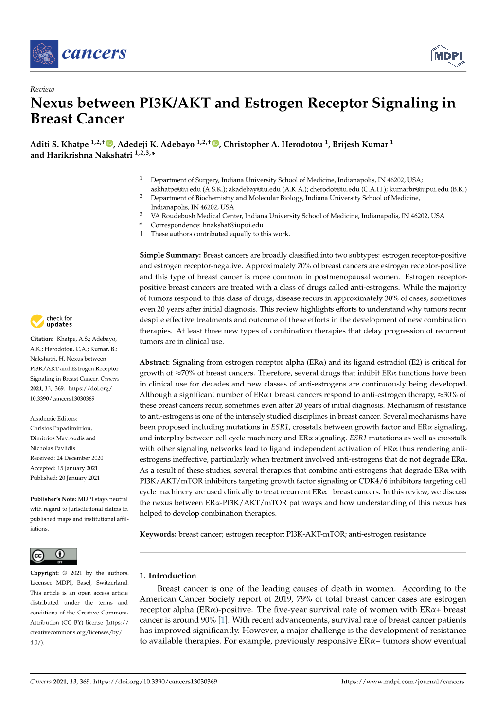 Nexus Between PI3K/AKT and Estrogen Receptor Signaling in Breast Cancer