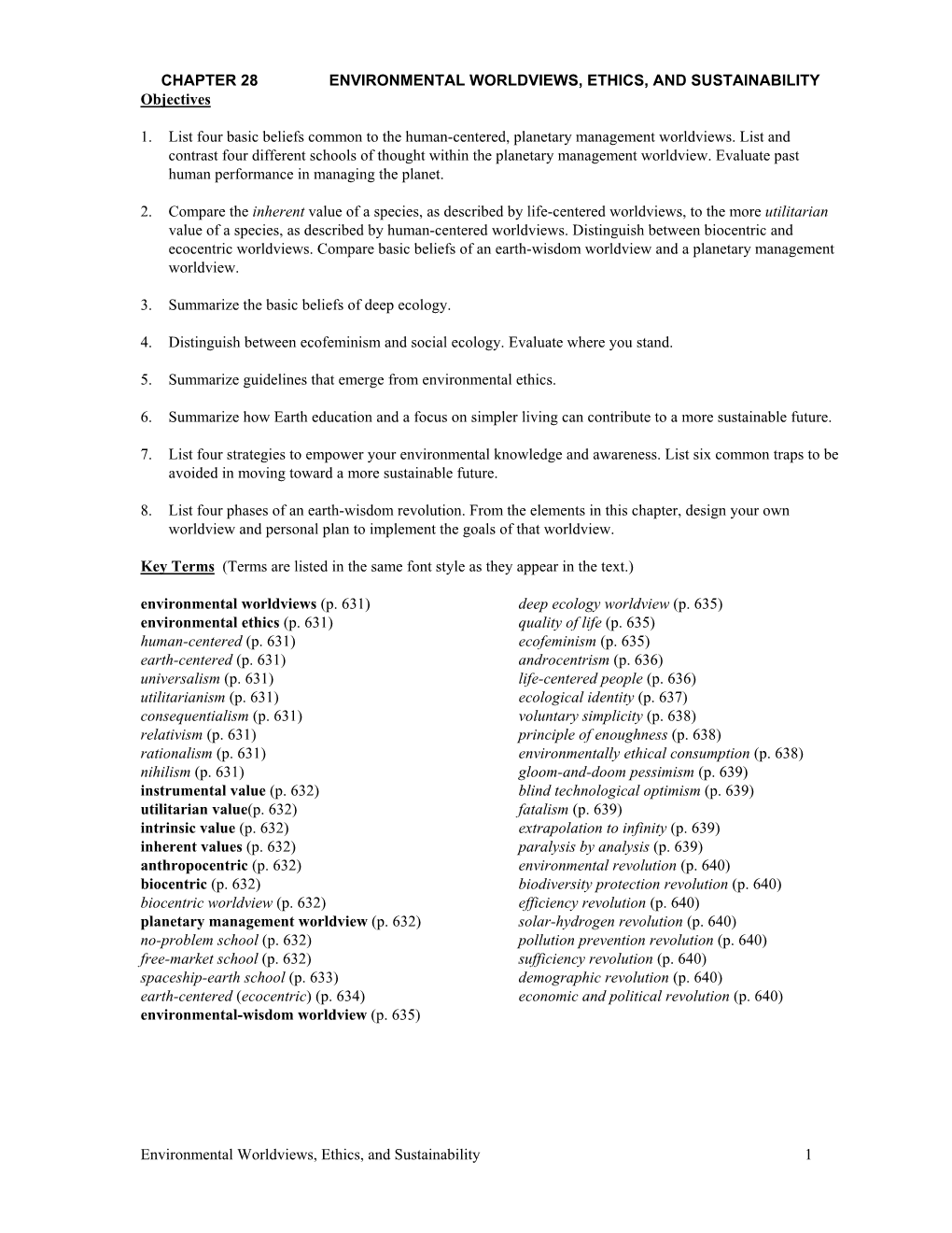 Environmental Worldviews, Ethics, and Sustainability 1 CHAPTER 28