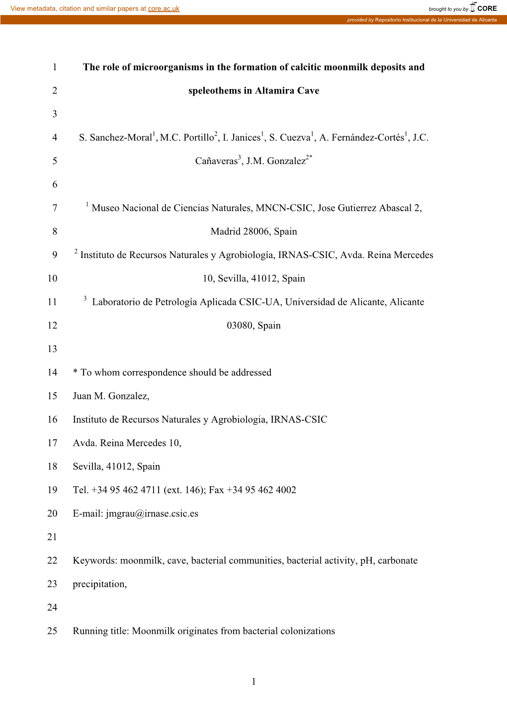 1 the Role of Microorganisms in the Formation of Calcitic Moonmilk Deposits And