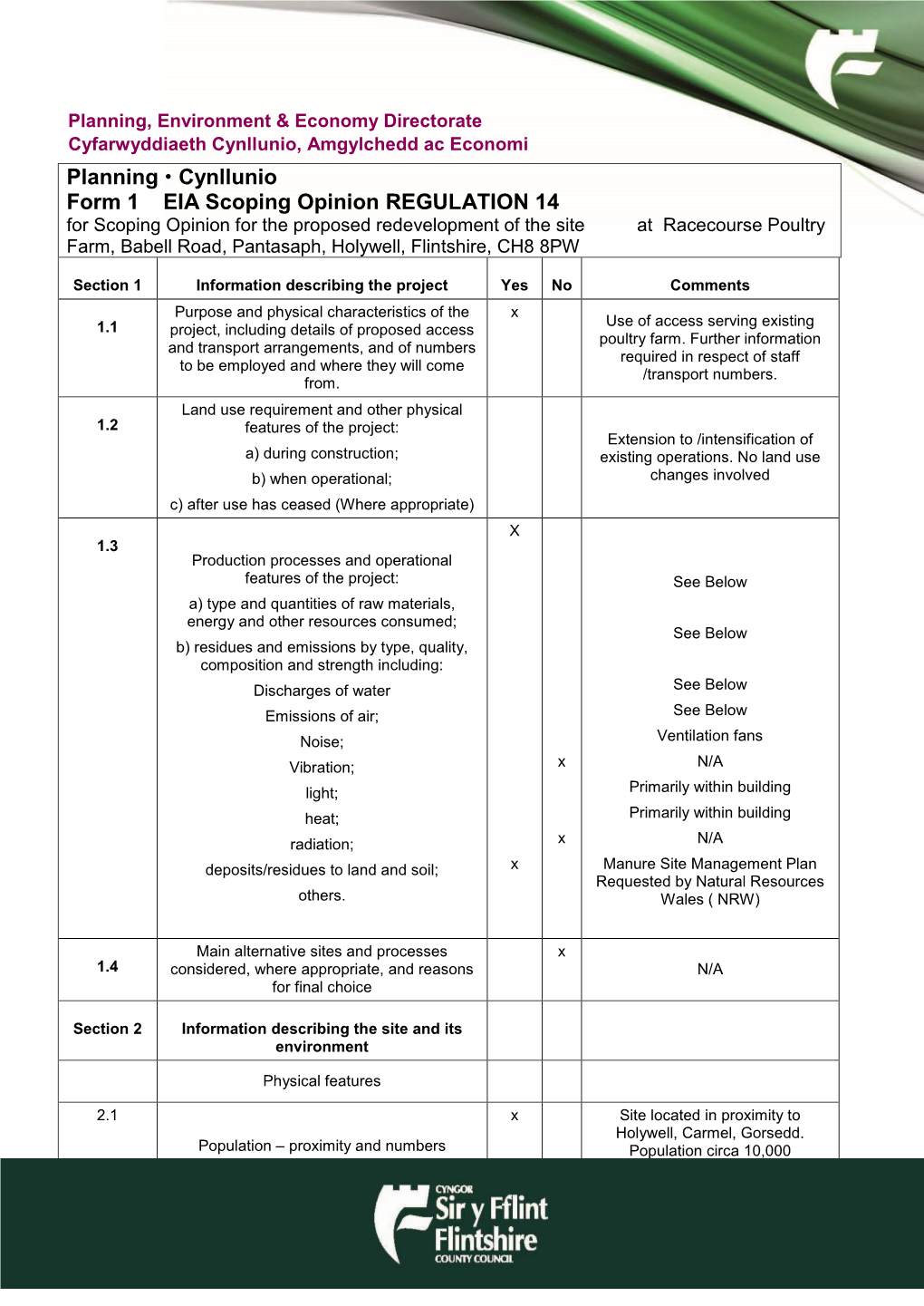 Planning Cynllunio Form 1 EIA Scoping Opinion REGULATION 14