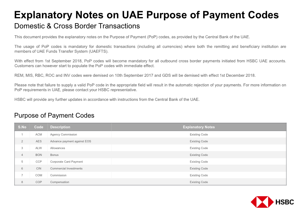 Explanatory Notes on UAE Purpose of Payment Codes Domestic & Cross Border Transactions