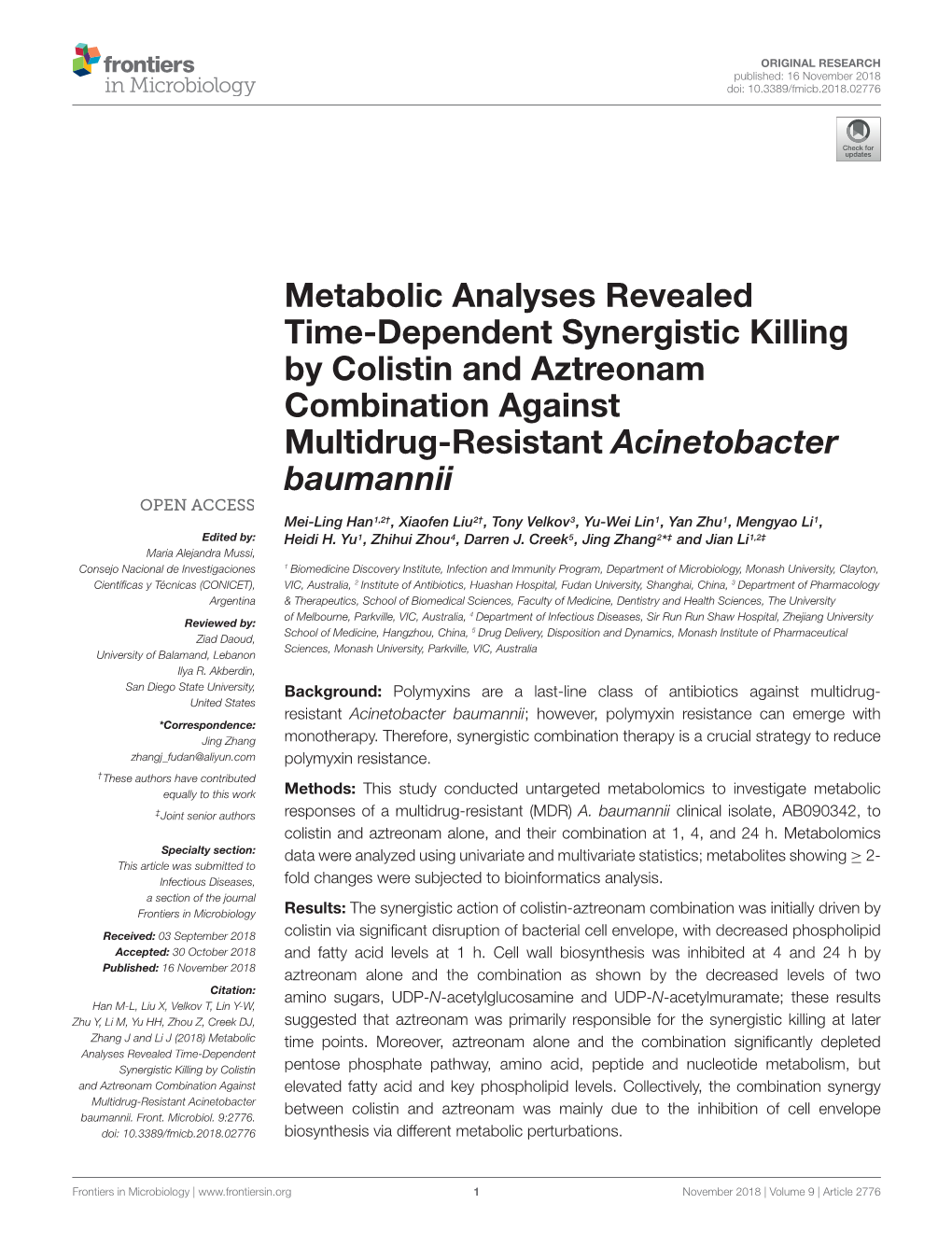 Metabolic Analyses Revealed Time-Dependent Synergistic Killing by Colistin and Aztreonam Combination Against Multidrug-Resistant Acinetobacter Baumannii