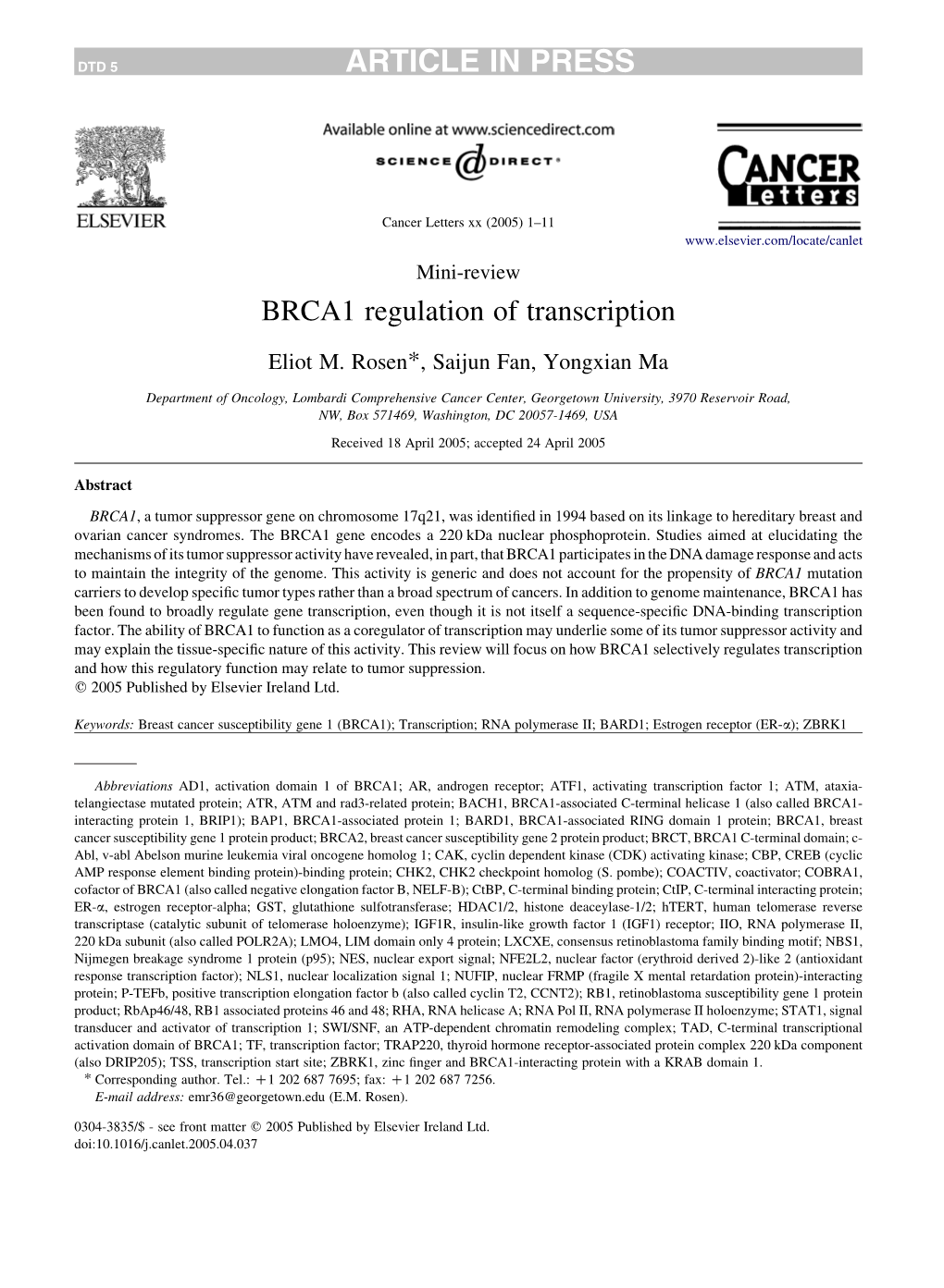 BRCA1 Regulation of Transcription