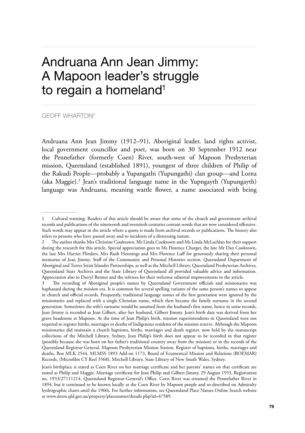 Andruana Ann Jean Jimmy: a Mapoon Leader’S Struggle to Regain a Homeland1