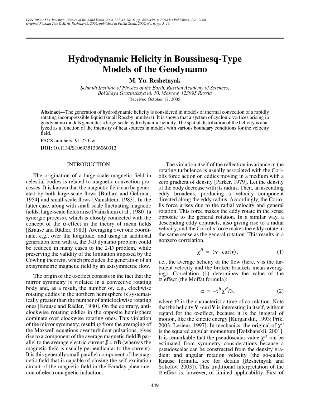 Hydrodynamic Helicity in Boussinesq-Type Models of the Geodynamo M