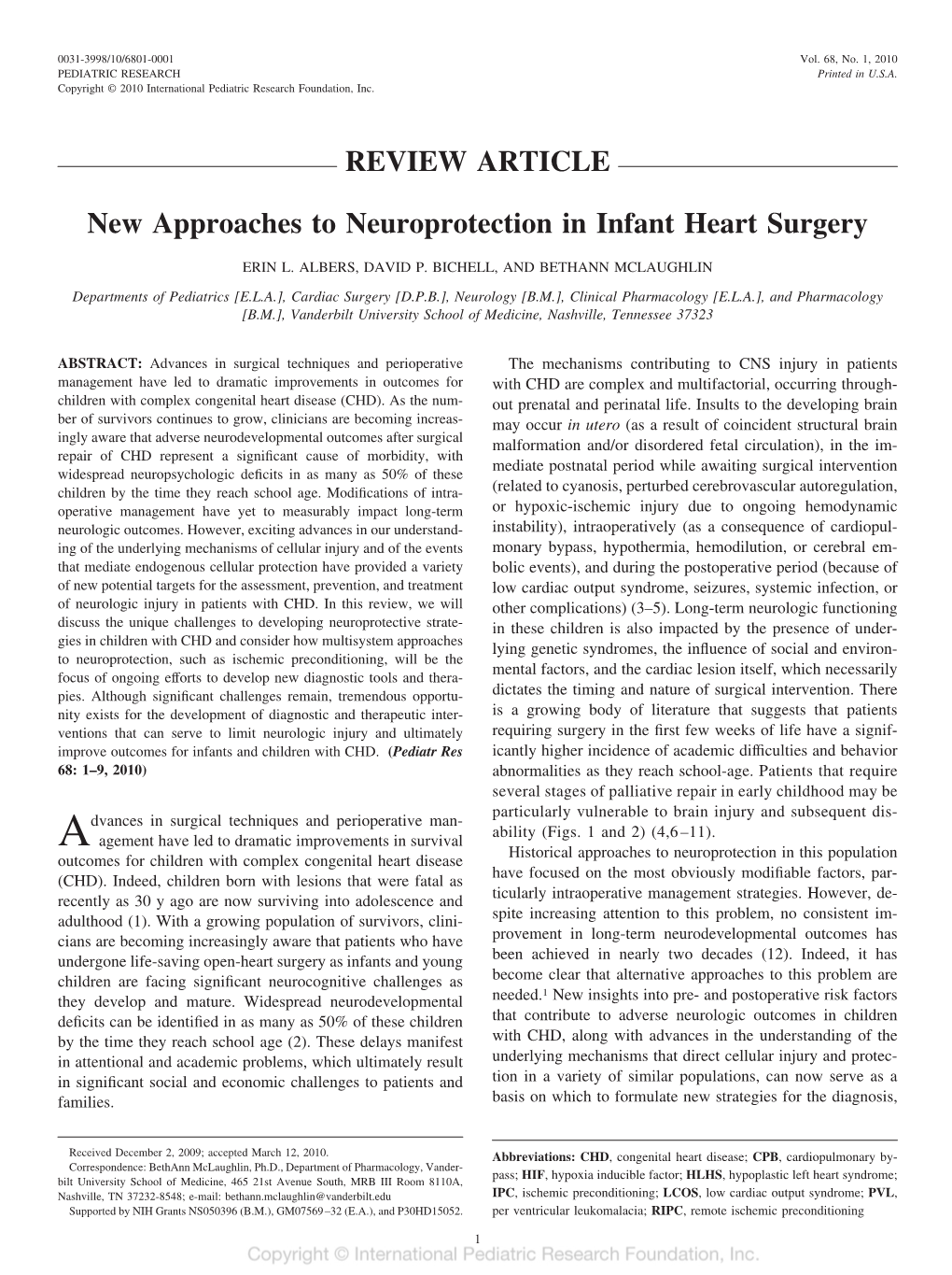 REVIEW ARTICLE New Approaches to Neuroprotection in Infant Heart