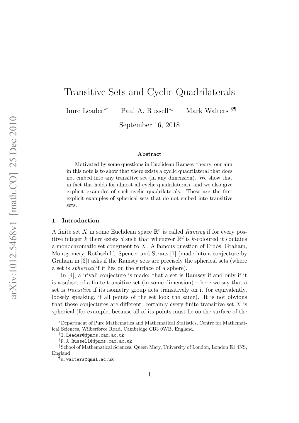 Arxiv:1012.5468V1 [Math.CO] 25 Dec 2010 Transitive Sets and Cyclic Quadrilaterals