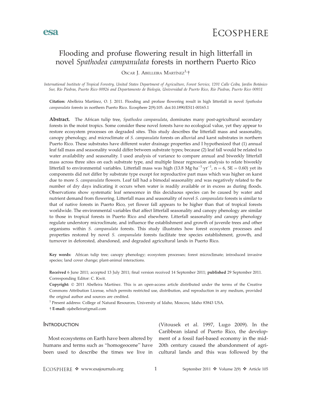 Flooding and Profuse Flowering Result in High Litterfall in Novel Spathodea Campanulata Forests in Northern Puerto Rico 1, OSCAR J