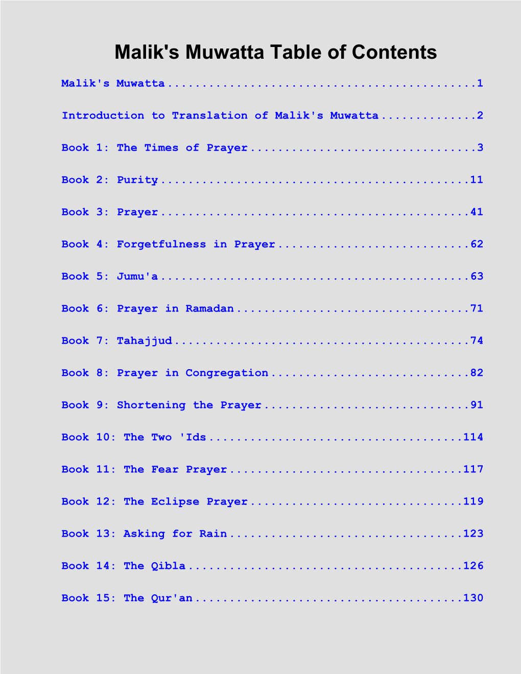 Malik's Muwatta Table of Contents