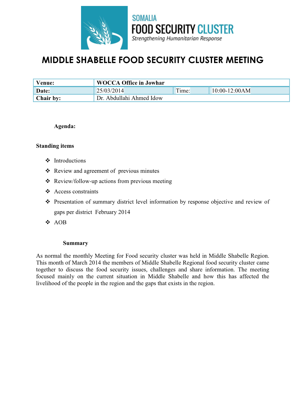 Middle Shabelle Food Security Cluster Meeting