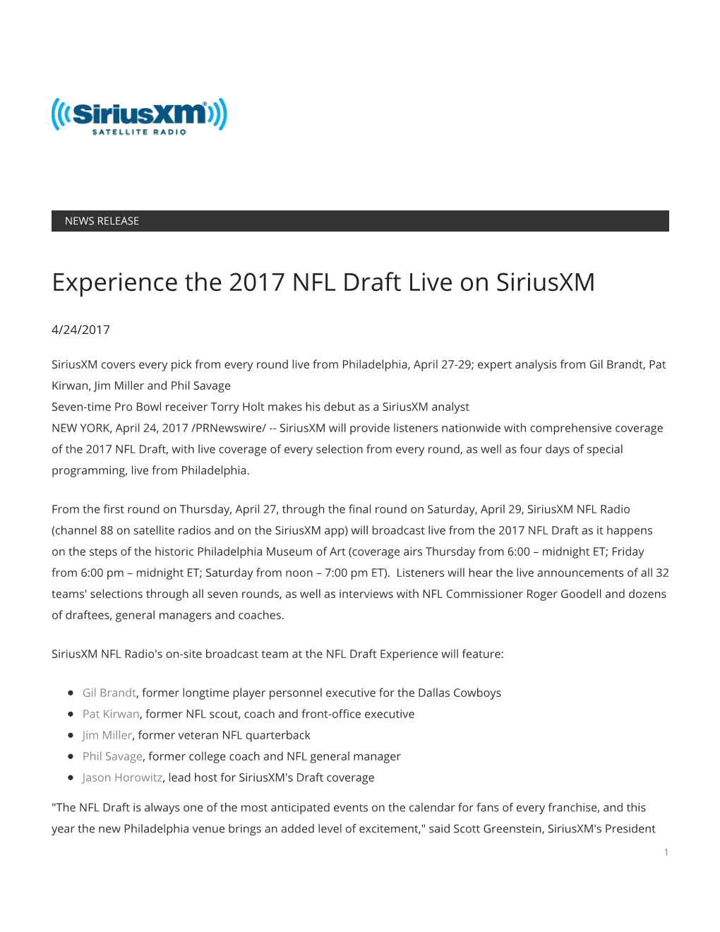 Experience the 2017 NFL Draft Live on Siriusxm