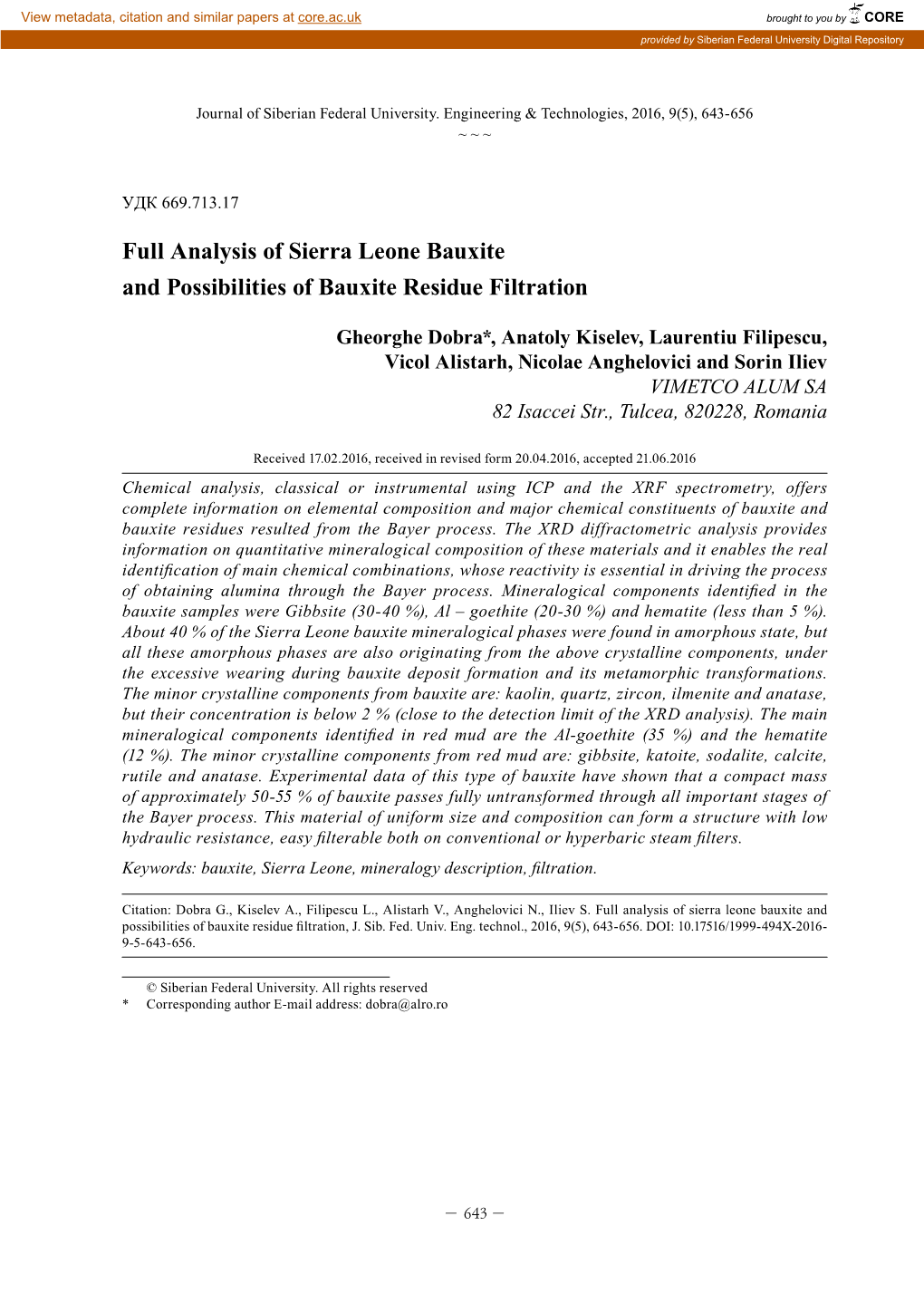 Full Analysis of Sierra Leone Bauxite and Possibilities of Bauxite Residue Filtration