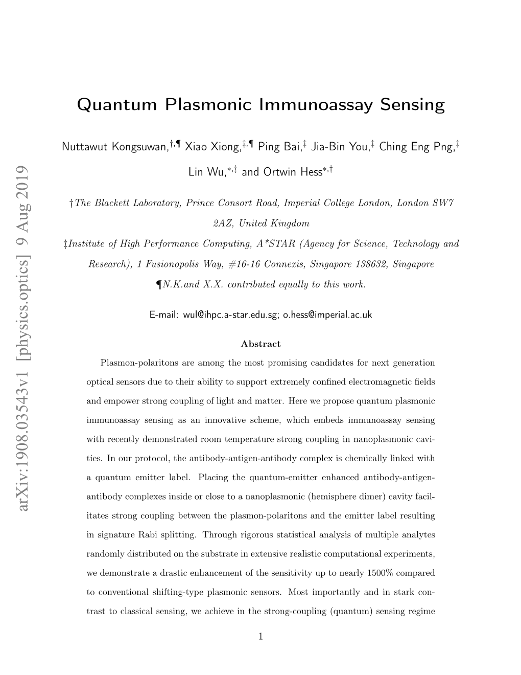 Quantum Plasmonic Immunoassay Sensing Arxiv:1908.03543V1