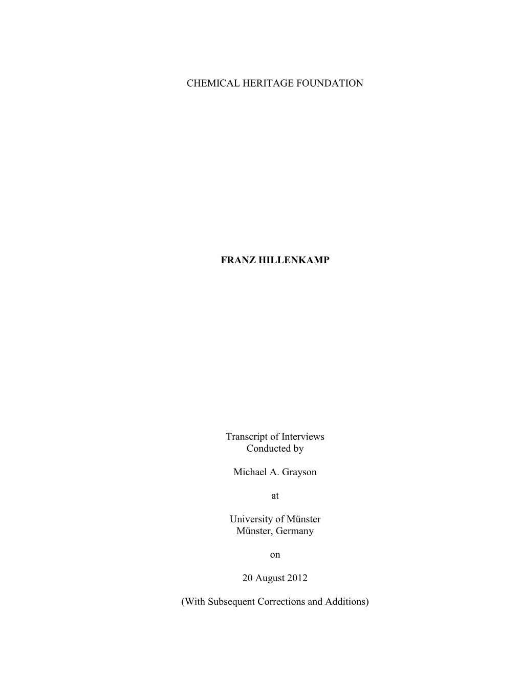 CHEMICAL HERITAGE FOUNDATION FRANZ HILLENKAMP Transcript Of