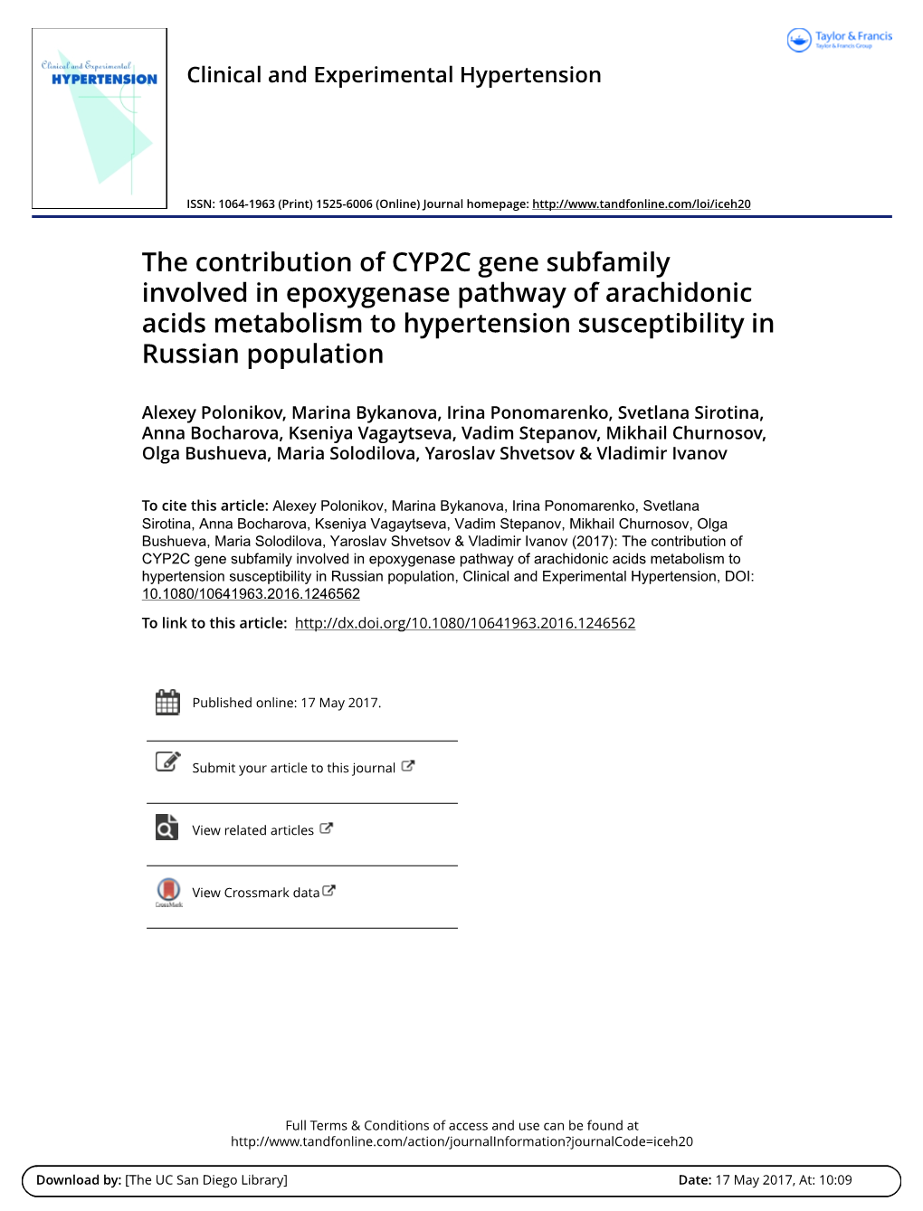 The Contribution of CYP2C Gene Subfamily Involved in Epoxygenase Pathway of Arachidonic Acids Metabolism to Hypertension Susceptibility in Russian Population