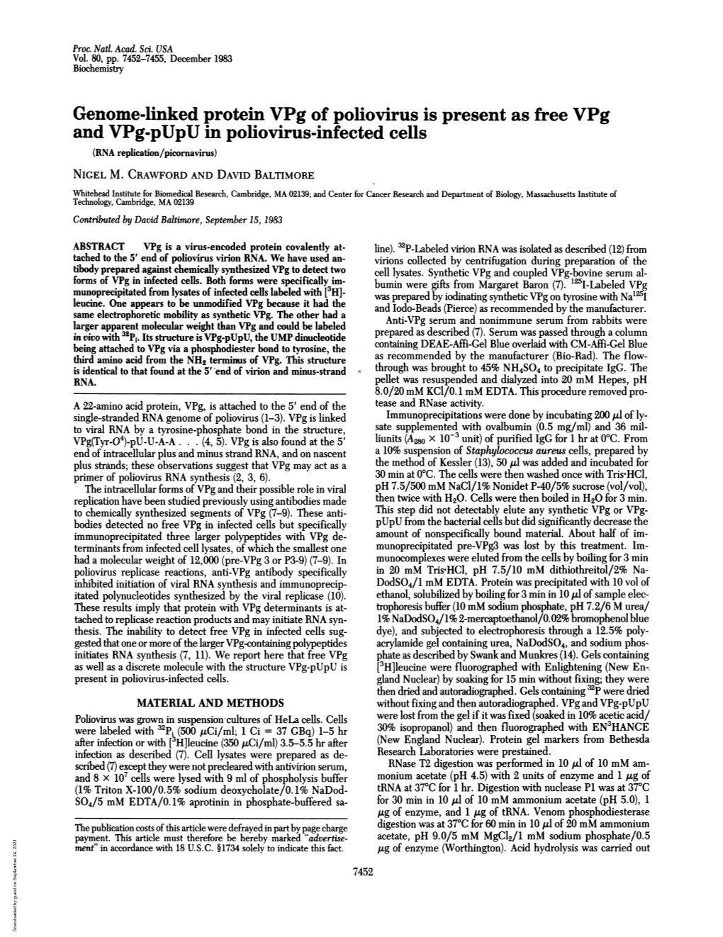 And Vpg-Pupu in Poliovirus-Infected Cells (RNA Replication/Picornavirus) NIGEL M