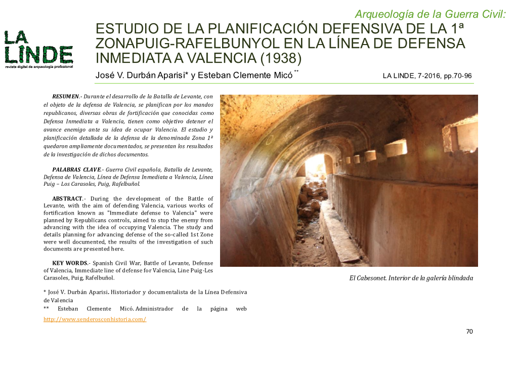 Estudio De La Planificación Defensiva De La 1ª Zonapuig-Rafelbunyol En La Línea De Defensa Inmediata a Valencia (1938)
