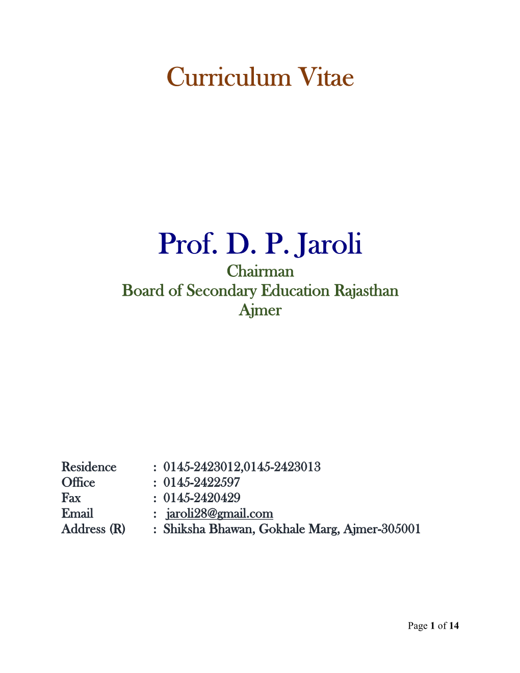 Curriculum Vitae-Update Prof(Dr)D P Jaroli.Pdf
