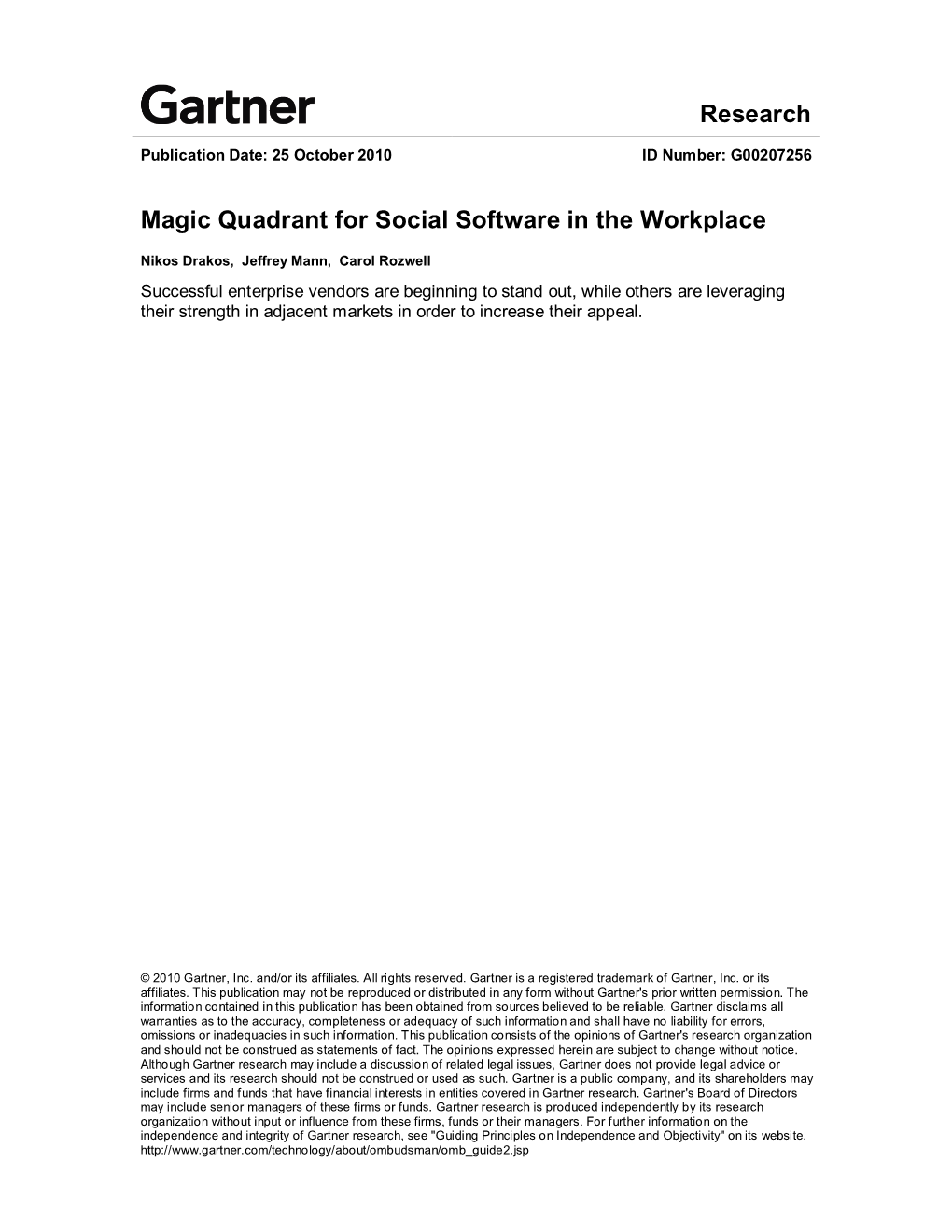 Research Magic Quadrant for Social Software in the Workplace