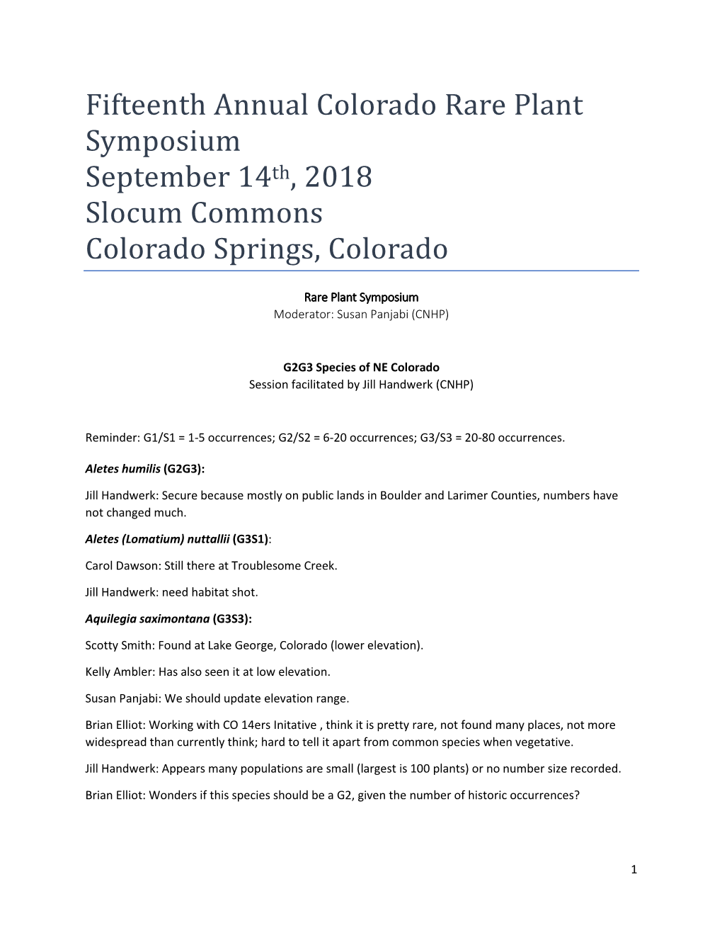 Fifteenth Annual Colorado Rare Plant Symposium September 14Th, 2018 Slocum Commons Colorado Springs, Colorado