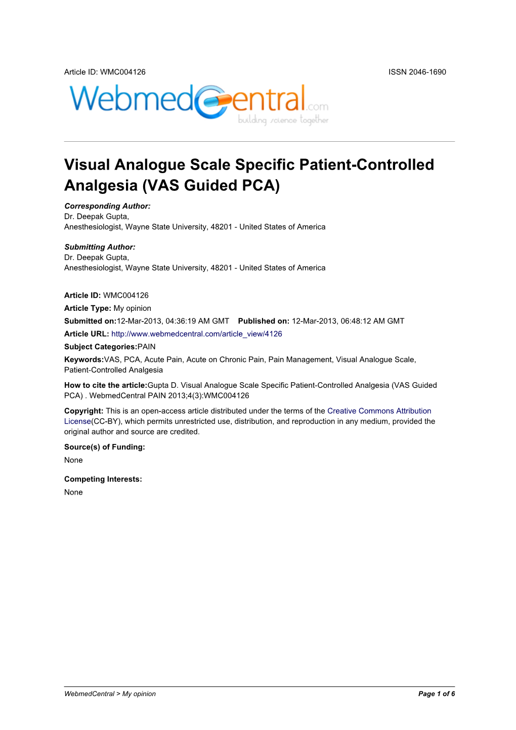 Visual Analogue Scale Specific Patient-Controlled Analgesia (VAS Guided PCA)