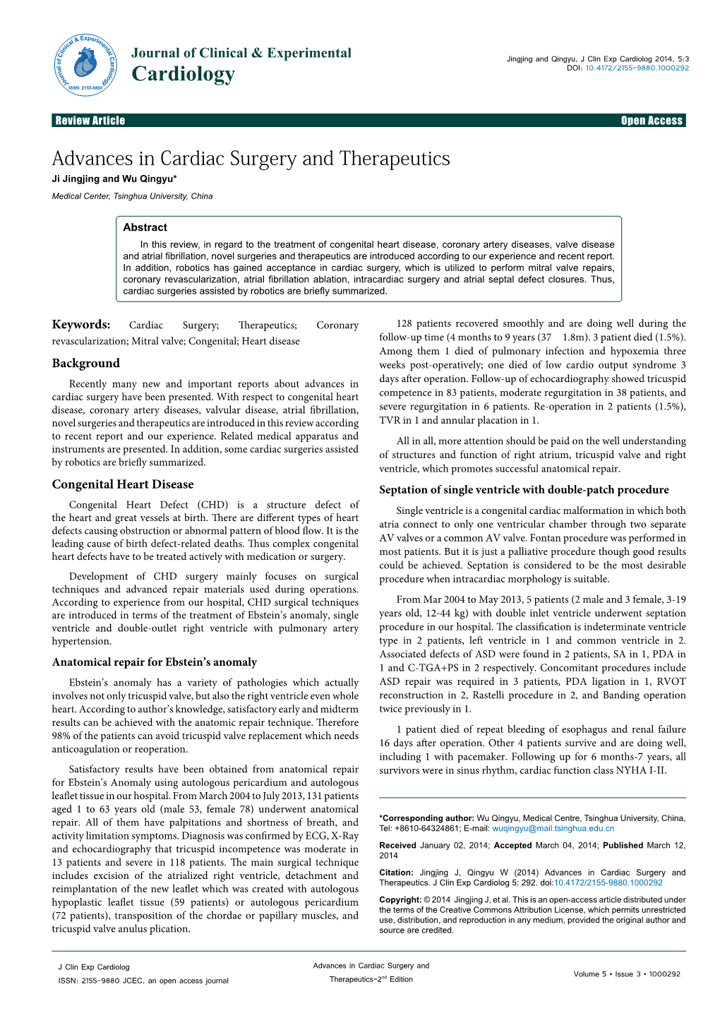 Advances in Cardiac Surgery and Therapeutics Ji Jingjing and Wu Qingyu* Medical Center, Tsinghua University, China