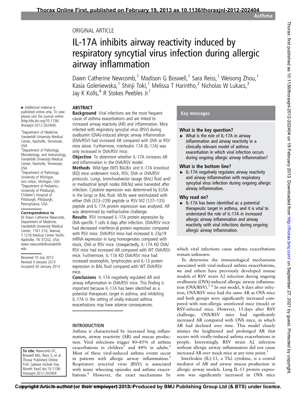 IL-17A Inhibits Airway Reactivity Induced by Respiratory Syncytial Virus Infection During Allergic Airway Inflammation