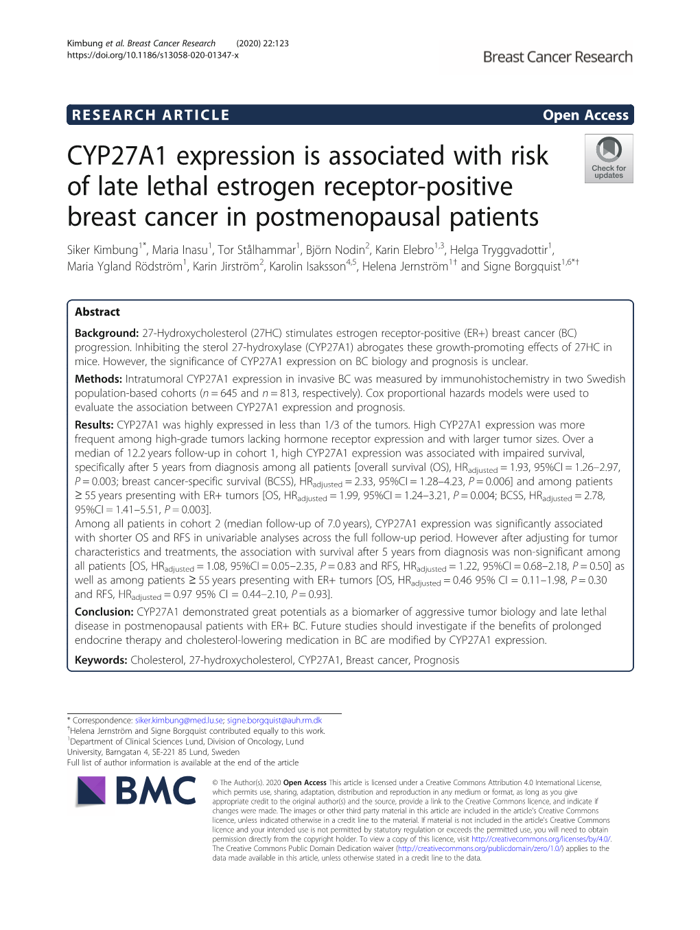 CYP27A1 Expression Is Associated with Risk of Late Lethal Estrogen