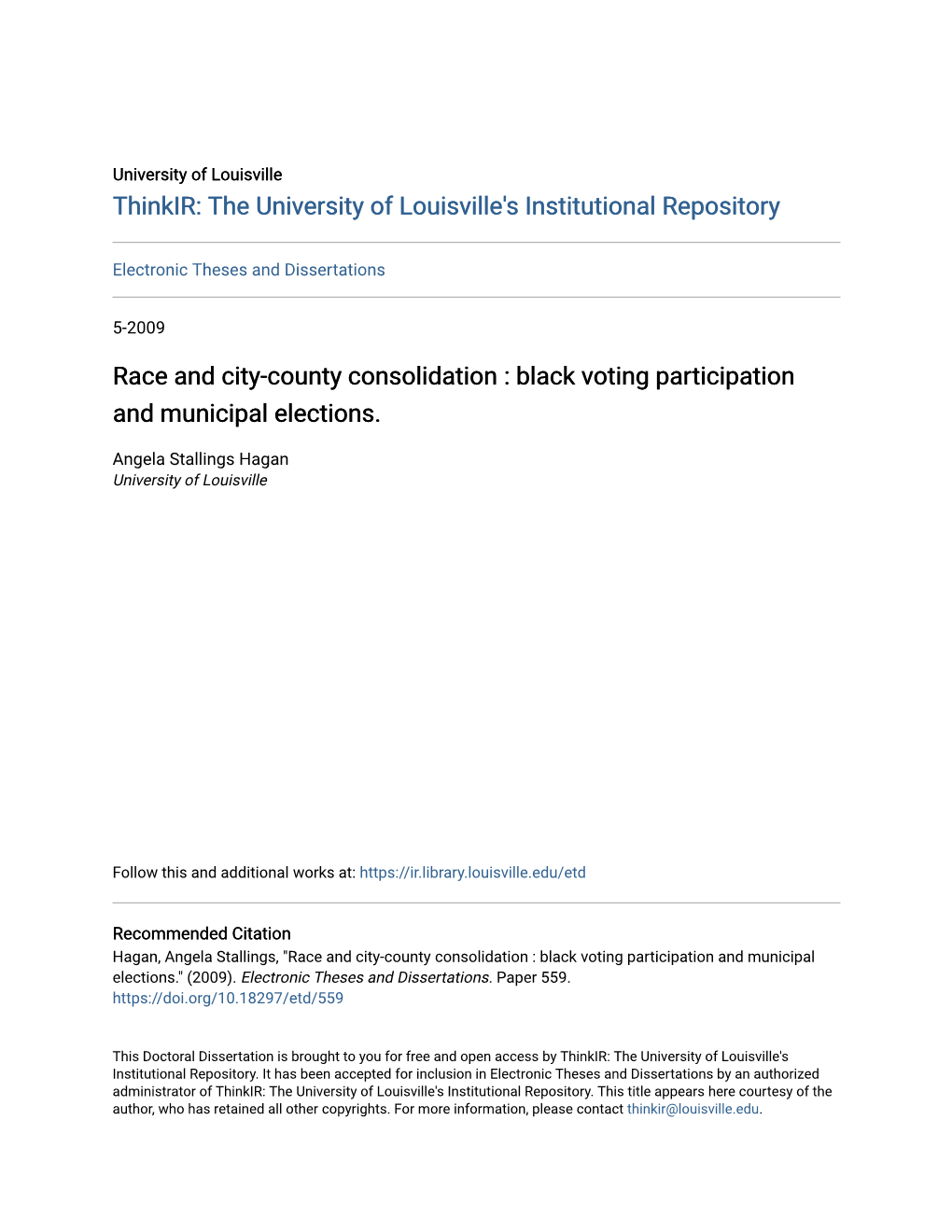 Race and City-County Consolidation : Black Voting Participation and Municipal Elections