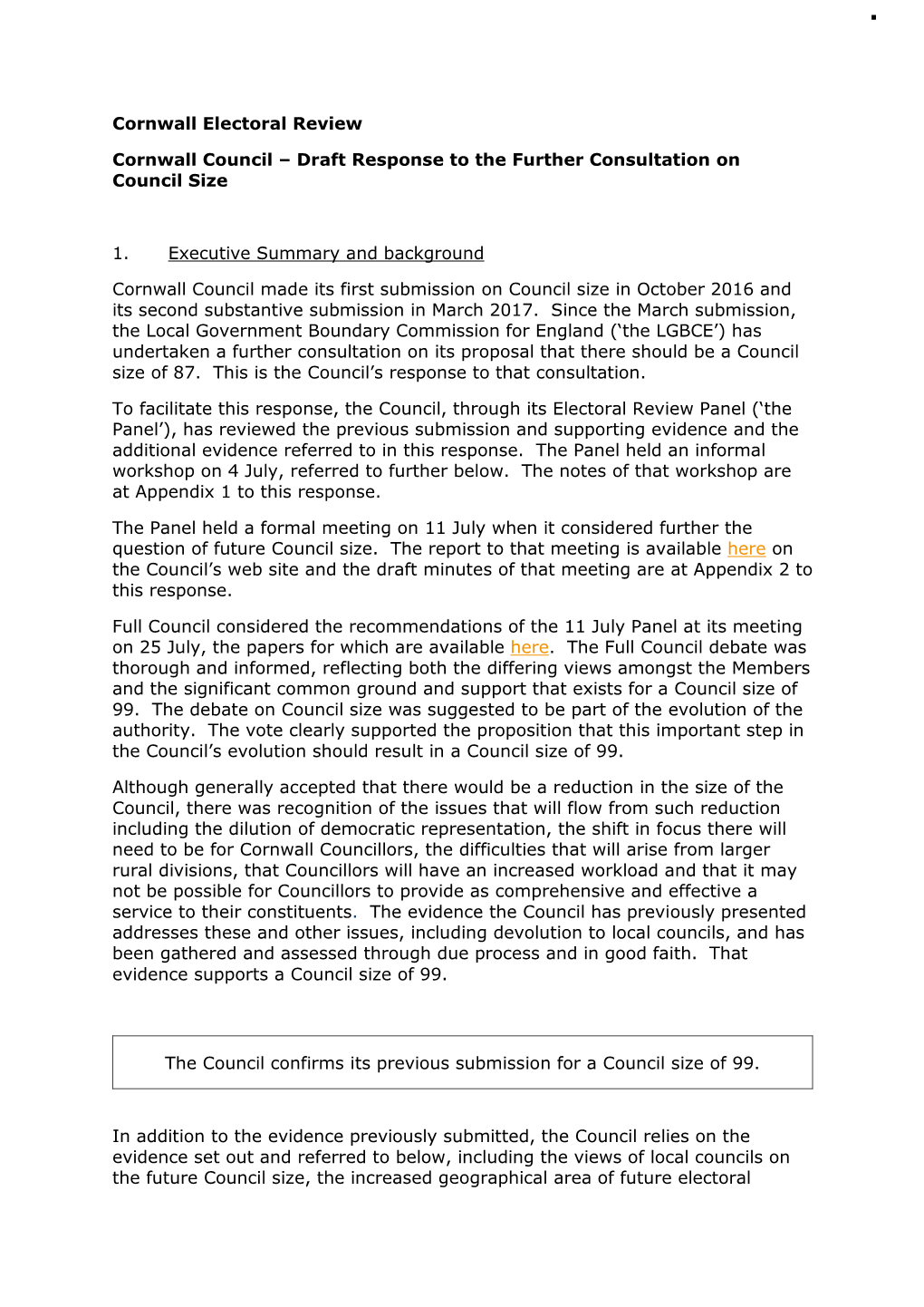 Cornwall Council – Draft Response to the Further Consultation on Council Size