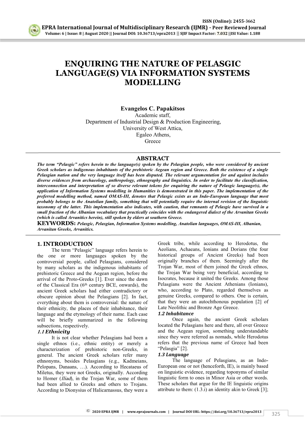 Enquiring the Nature of Pelasgic Language(S) Via Information Systems Modelling