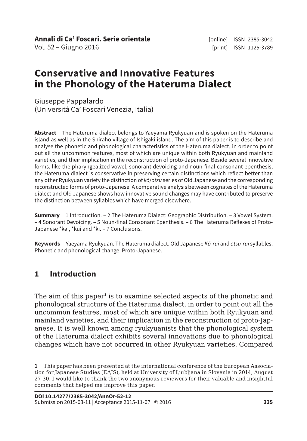 Conservative and Innovative Features in the Phonology of the Hateruma Dialect