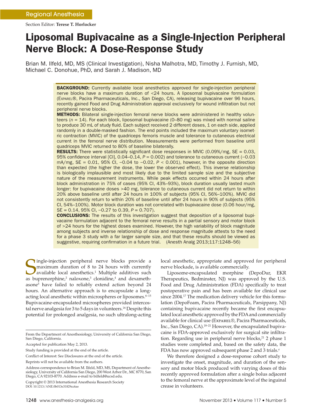 Liposomal Bupivacaine As a Single-Injection Peripheral Nerve Block: a Dose-Response Study