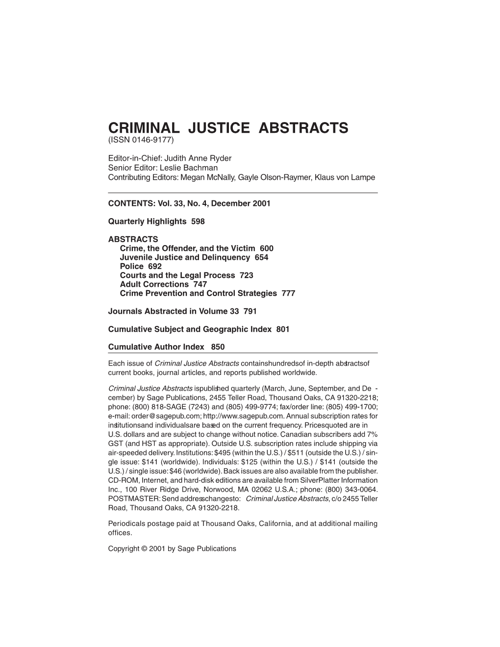 Criminal Justice Abstracts (Issn 0146-9177)