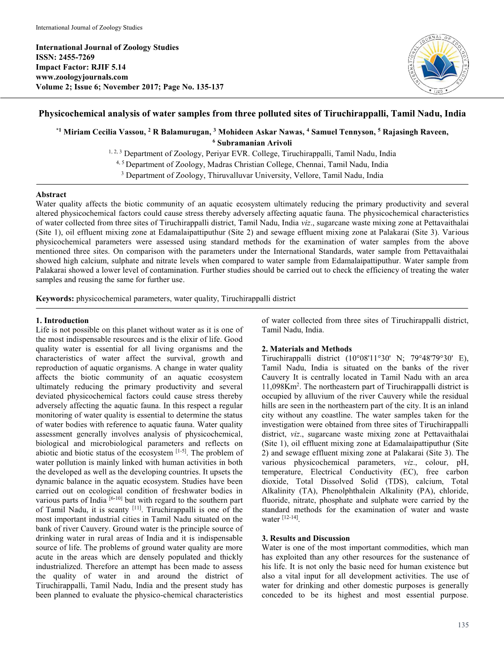 Physicochemical Analysis of Water Samples from Three Polluted Sites of Tiruchirappalli, Tamil Nadu, India