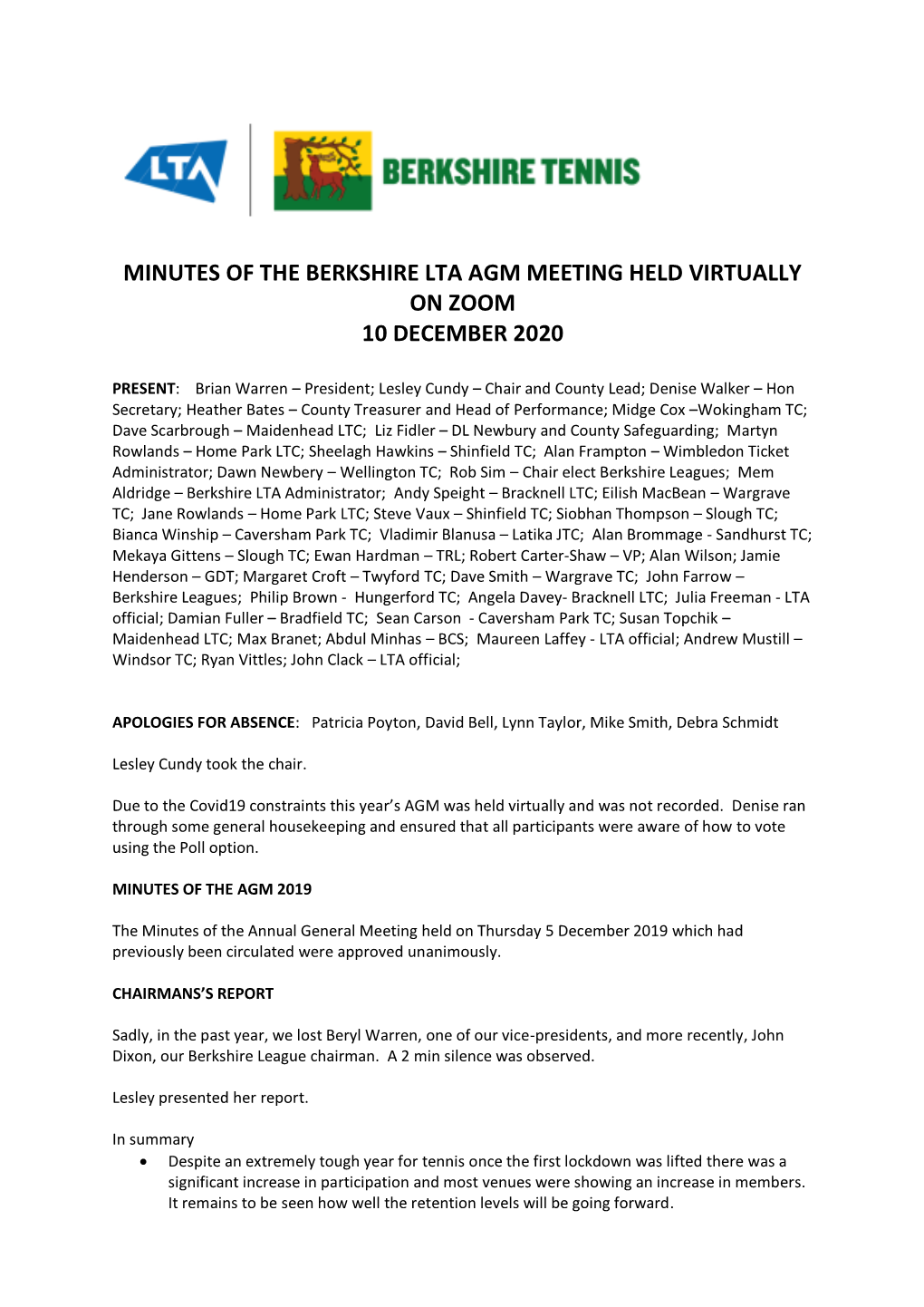 Minutes of the Berkshire Lta Agm Meeting Held Virtually on Zoom 10 December 2020