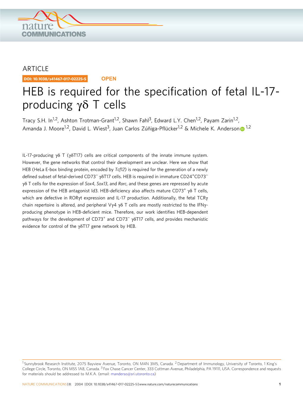 HEB Is Required for the Specification of Fetal IL-17-Producing Γδ T Cells
