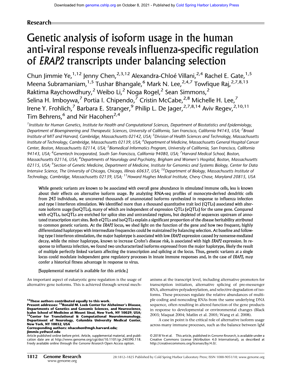 Genetic Analysis of Isoform Usage in the Human Anti-Viral Response Reveals Influenza-Specific Regulation of ERAP2 Transcripts Under Balancing Selection