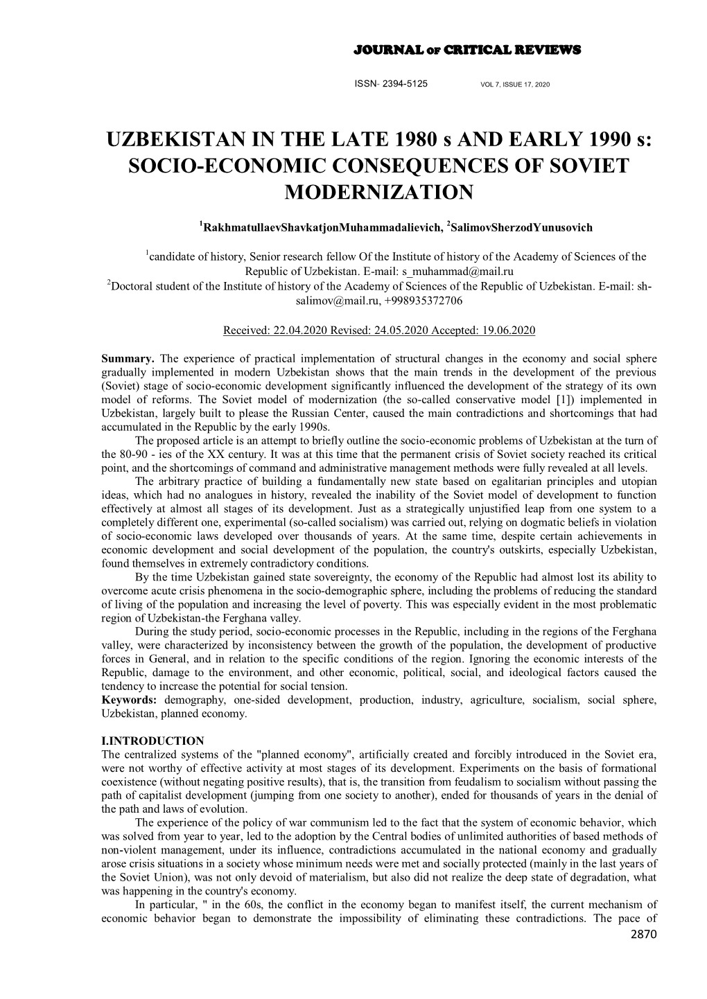UZBEKISTAN in the LATE 1980 S and EARLY 1990 S: SOCIO-ECONOMIC CONSEQUENCES of SOVIET MODERNIZATION
