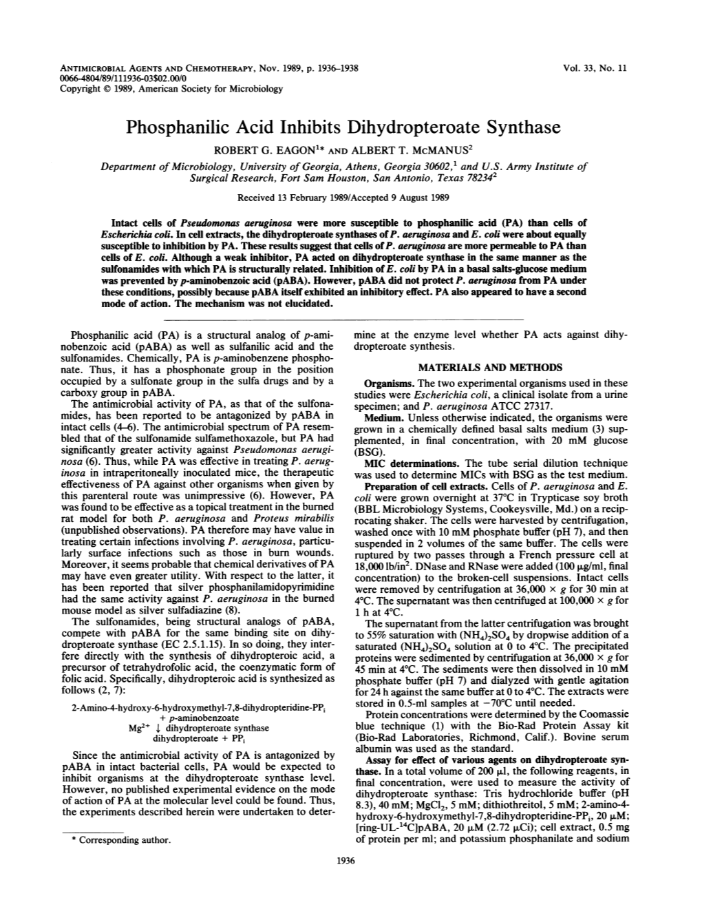 Phosphanilic Acid Inhibits Dihydropteroatesynthase