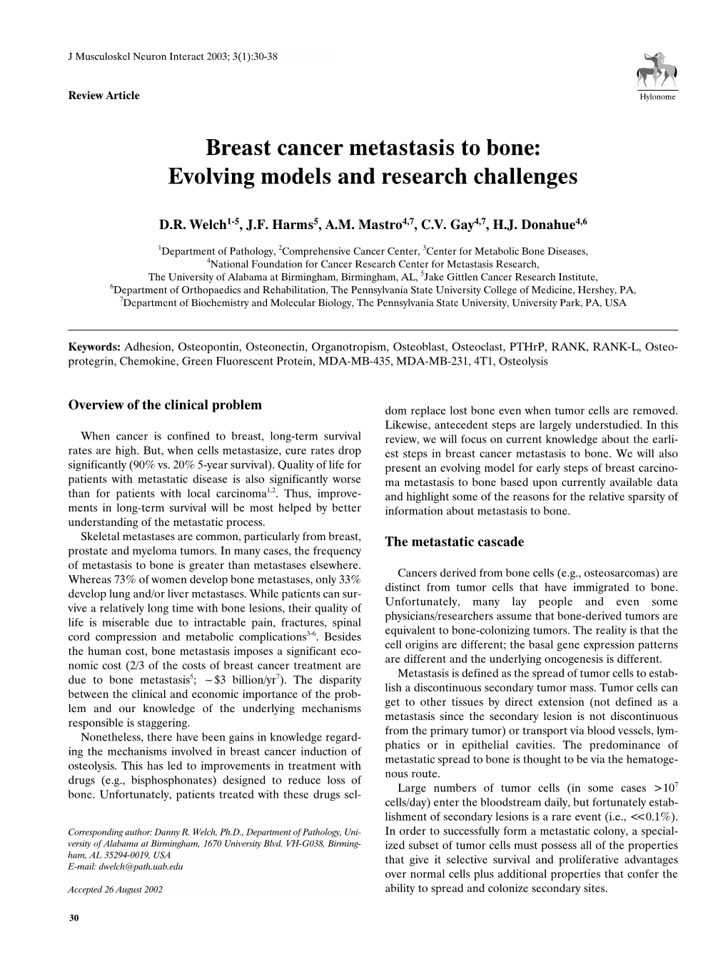 Breast Cancer Metastasis to Bone: Evolving Models and Research Challenges