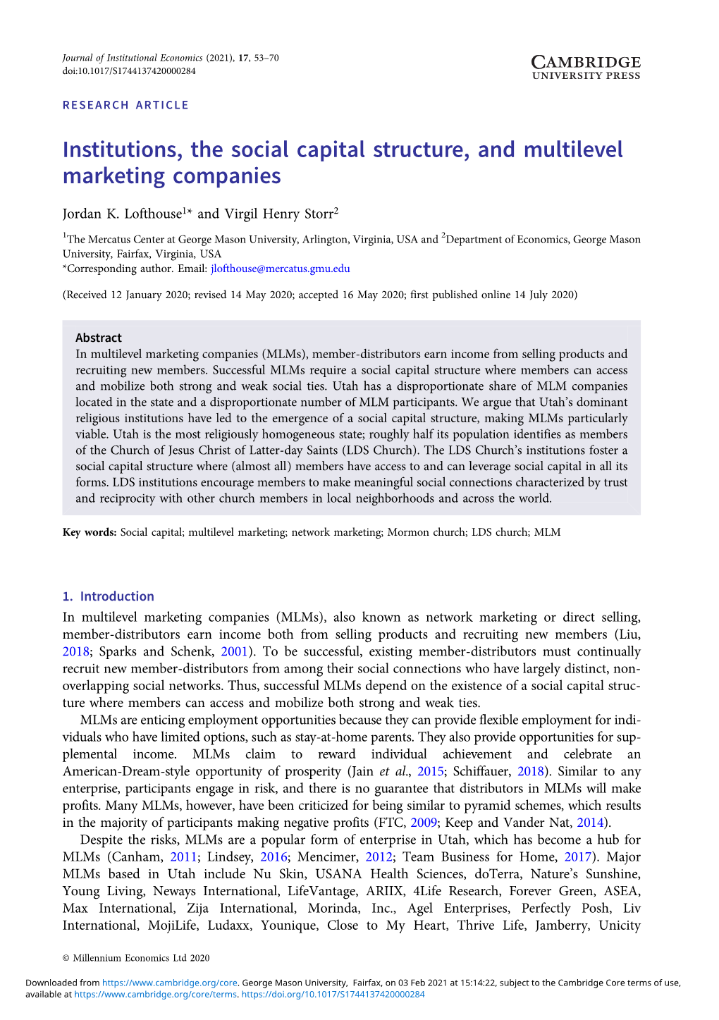 Institutions, the Social Capital Structure, and Multilevel Marketing Companies