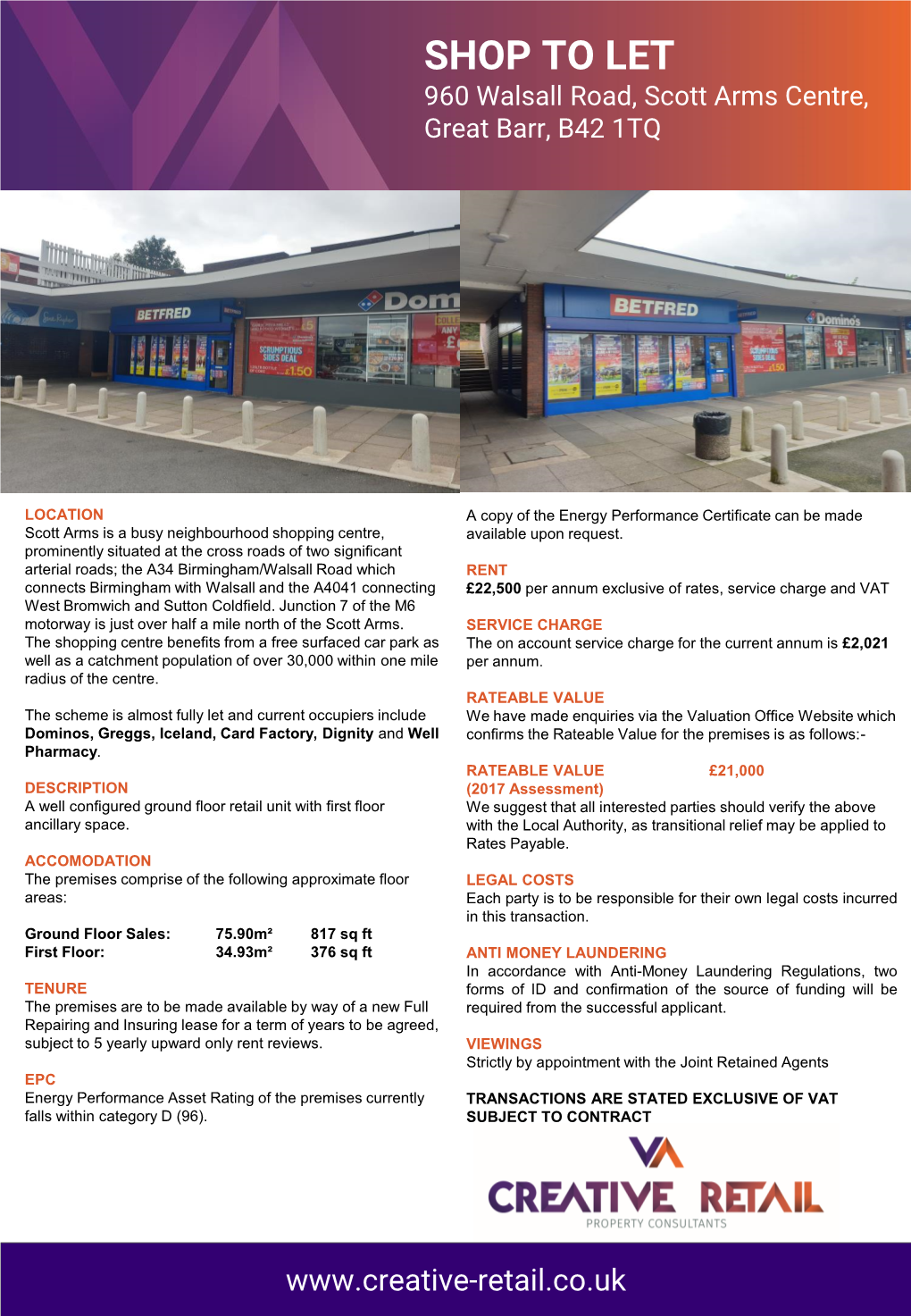 SHOP to LET 960 Walsall Road, Scott Arms Centre, Great Barr, B42 1TQ