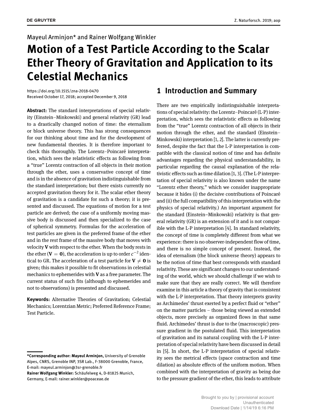 Motion of a Test Particle According to the Scalar Ether Theory of Gravitation and Application to Its Celestial Mechanics