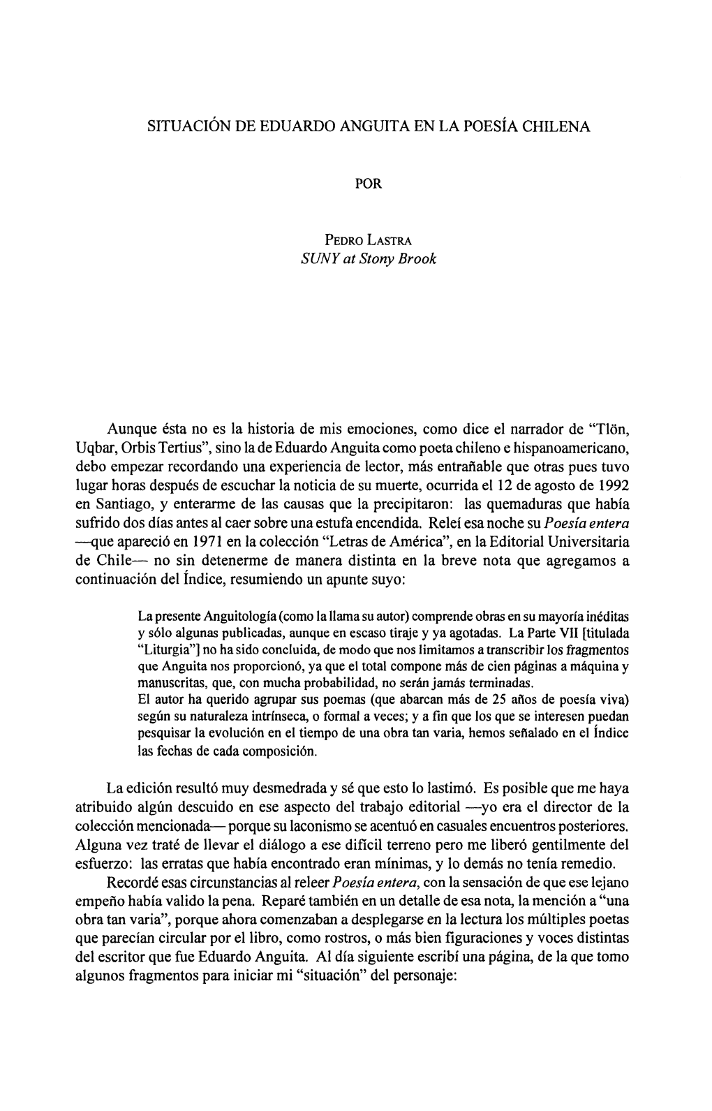 Situacion De Eduardo Anguita En La Poesia Chilena Por