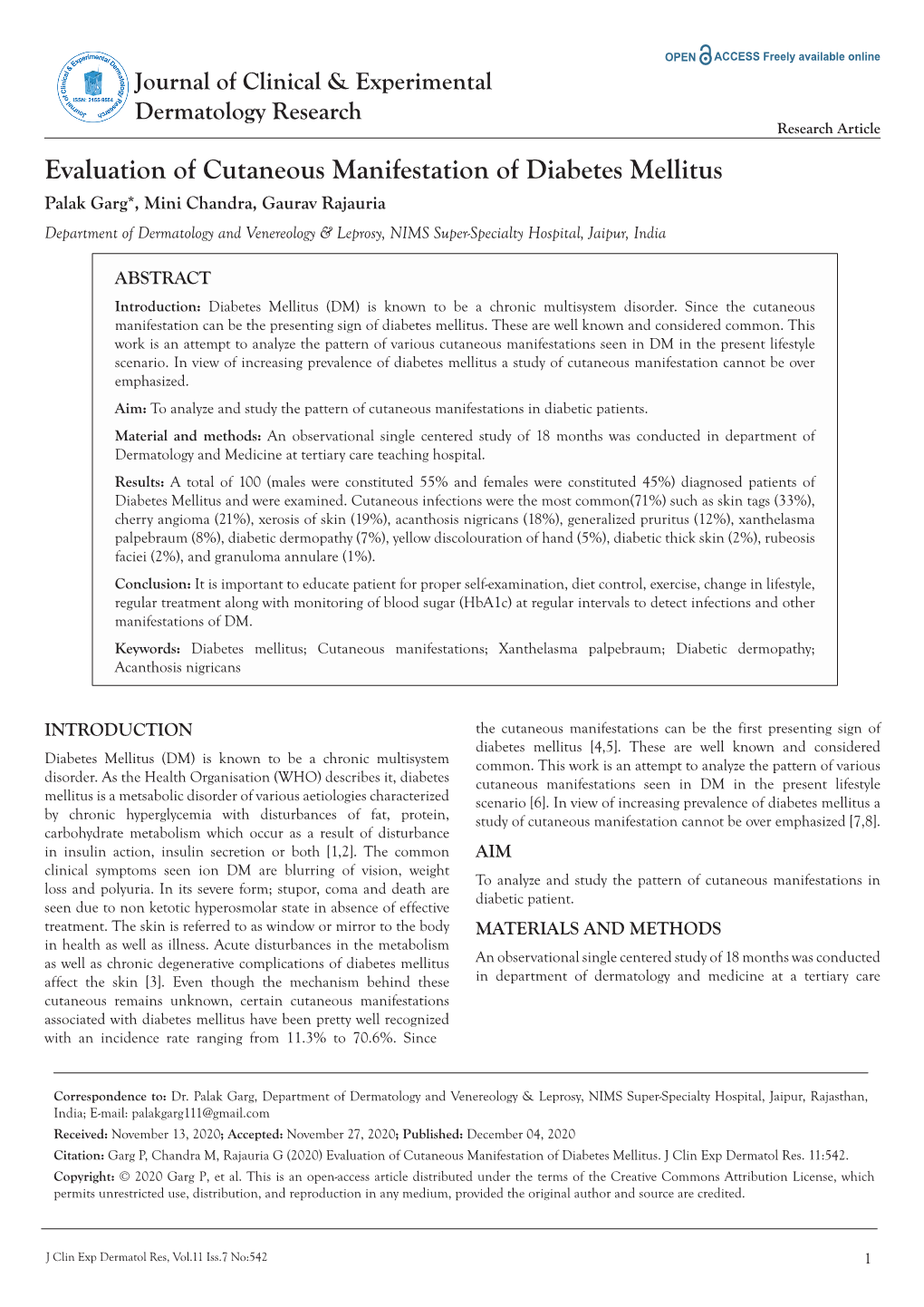 Evaluation of Cutaneous Manifestation of Diabetes Mellitus